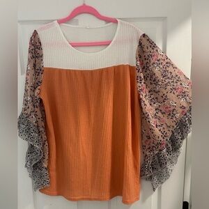 Orange Floral Top with Sheer Sleeves (Size 3XL)